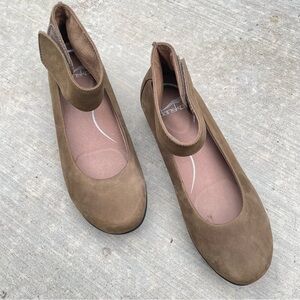 Dansko Lulu Taupe Nubuck Ankle Strap Wedge Clogs